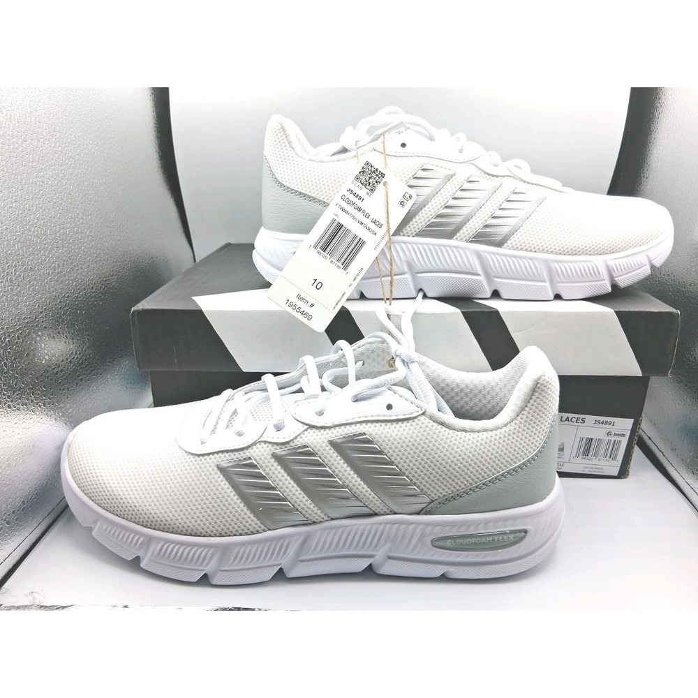 ADIDAS Cloudfoam Flex Laces Sneaker Womens 10 White Silver JS4891 VS-191304 NEW